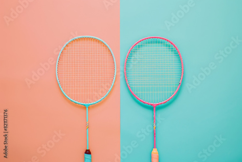 Two tennis rackets on color-split background illustrate sport, duality, and contrast, with a minimalist and modern aesthetic feel © Alexandra