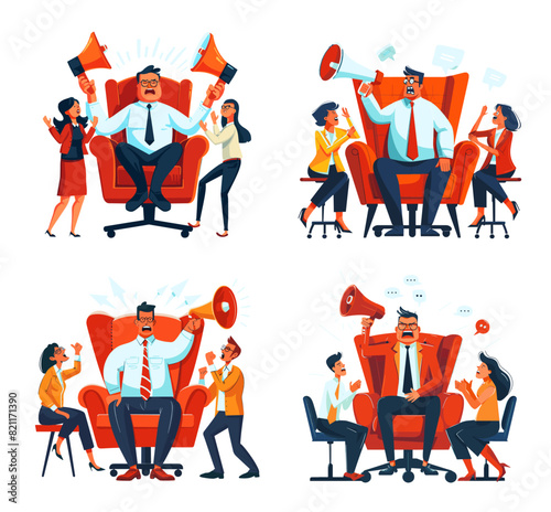 Arrogant boss cartoon vector scene. Sitting chair man megaphones selfish manager ignoring screaming employees domineering stubborn character, bright concepts isolated on white background