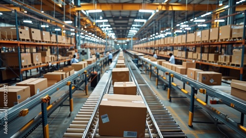 E-commerce Growth: Illustrate a bustling e-commerce warehouse with workers handling packages and automated systems, highlighting the rapid growth of online shopping.