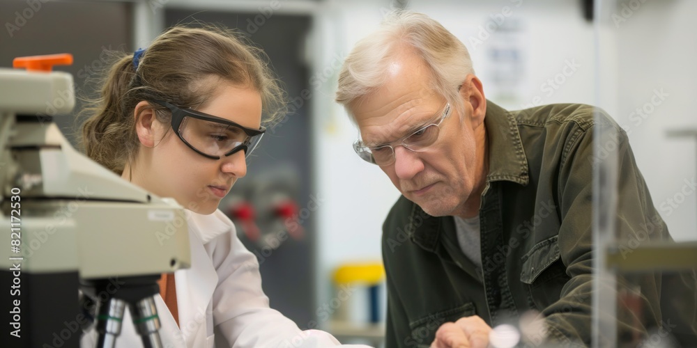 Obraz premium Senior male scientist mentoring a young female student in a laboratory
