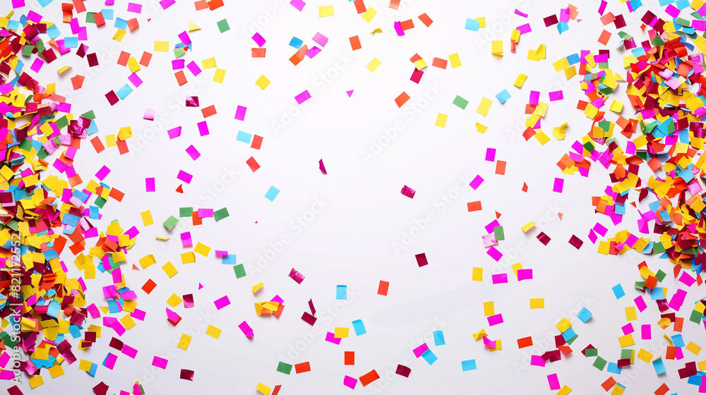 A joyful confetti backdrop with space for your message or branding, offering a vibrant and dynamic visual for your advertisements, announcements, or promotional materials on solid white background,