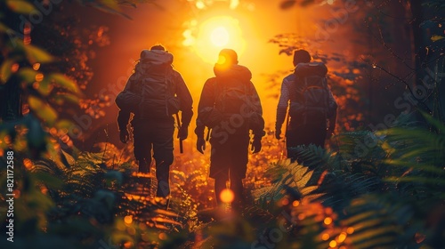 Three people with backpacks walking through a forest at sunset, AI