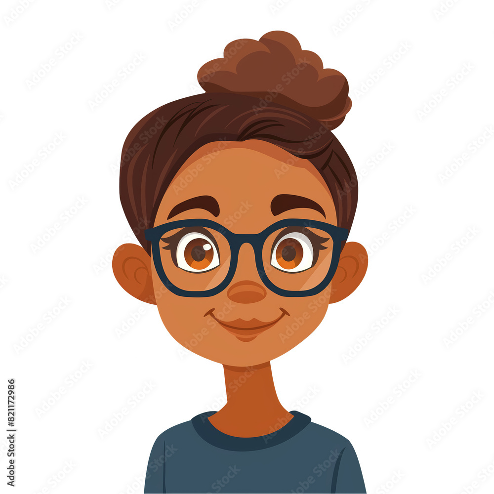 african girl with brown hair wearing glasses . Clipart PNG image . Transparent background . Cartoon vector style
