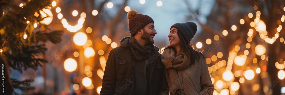 Fototapeta premium Affectionate couple experiencing a magical winter evening with festive lights