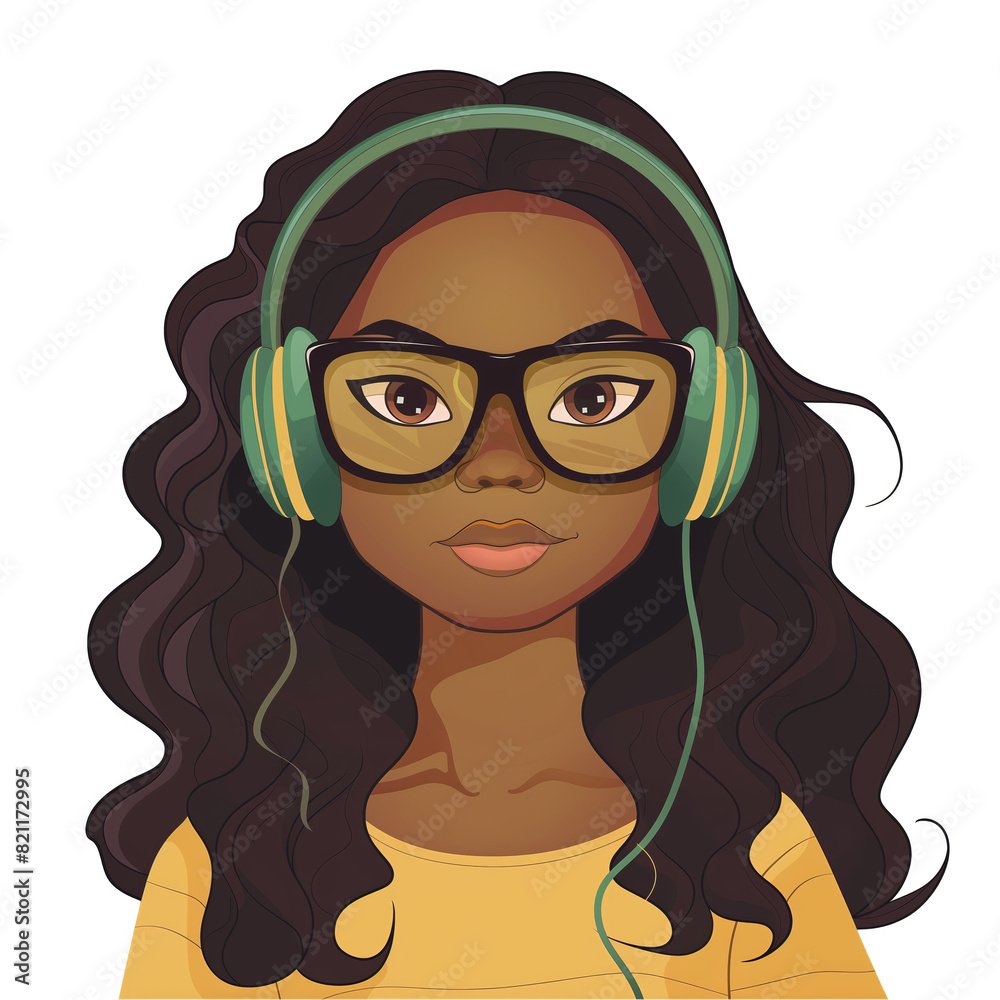 african girl with brown hair wearing headphones and glasses . Clipart PNG image . Transparent background . Cartoon vector style