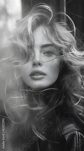 Blackandwhite photo of a happy woman with layered hair and windblown hair photo