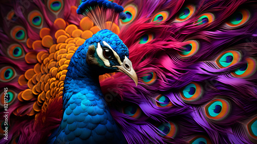 a colorful peacock is showing his colorful feathers in a dark background photo