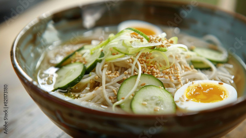 Authentic korean cold noodle soup with sliced cucumber, a halved boiled egg, and sesame seeds in a ceramic bowl