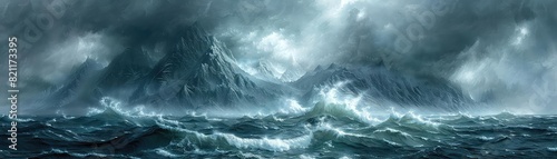 Fjord during a storm flat design front view dramatic skies theme 3D render Monochromatic Color Scheme