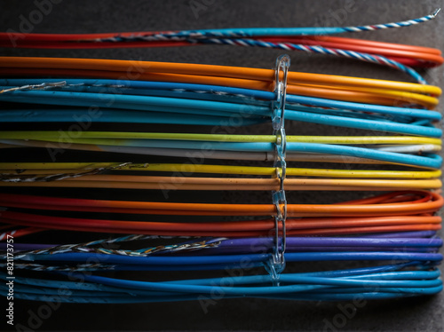A bunch of wires are hanging together, some are blue, some are orange