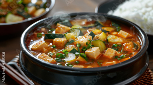 Authentic korean sundubu jjigae, a spicy tofu stew served in a black bowl with steam, accompanied by rice and side dishes
