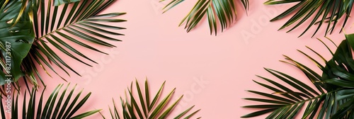 Tropical Frame with Golden Palm Leaves on Pink Background Generative AI