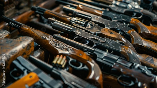 A row of guns are lined up, some of which are antique