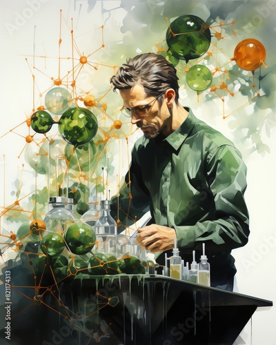 Artistic close-up of a molecular assembler creating organic molecules, minimal digital painting, with dynamic movement depicted in greens and yellows