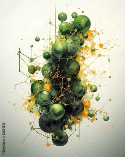 Artistic close-up of a molecular assembler creating organic molecules, minimal digital painting, with dynamic movement depicted in greens and yellows