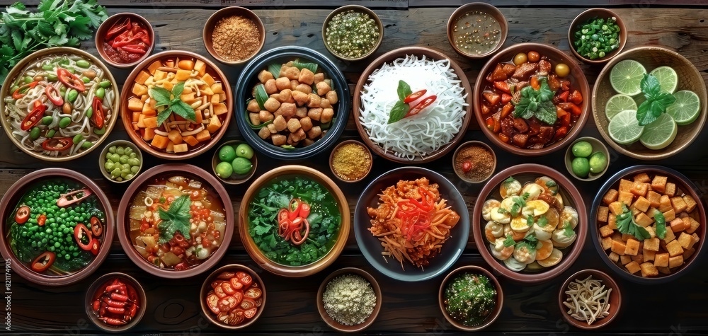 Various bowls of colorful food arranged on a wooden table. Various bowls of colorful food arranged on a wooden table.