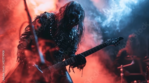 A man with long hair playing a guitar in front of smoke, AI