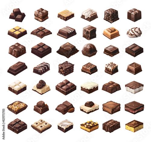 Chocolate candies cartoon vector set. Sweet desserts praline bars coconut sprinkles cocoa beans milk truffles grilled dark bitter delicious confectionery products, Illustration isolated on white