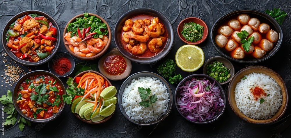 A table spread with various Asian dishes including rice, noodles, and seafood. A table spread with various Asian dishes including rice, noodles, and seafood.