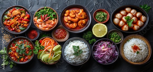 A table spread with various Asian dishes including rice, noodles, and seafood.