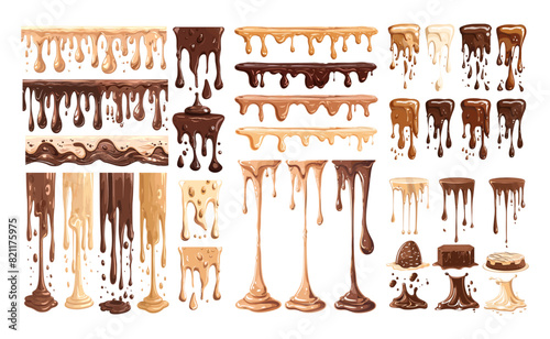 Chocolate dripping cartoon vector set. Leaks drops flows splashes liquid hot glaze black milk bitter cocoa beans sweetness, illustration isolated on white background