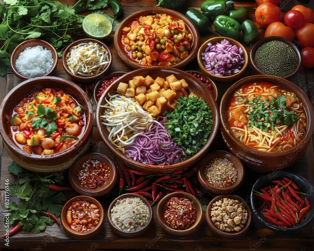 Fototapeta premium A vibrant spread of Asian food with bowls of noodles, vegetables, and spices. The food is arranged in a circular pattern. The background is a wooden table.