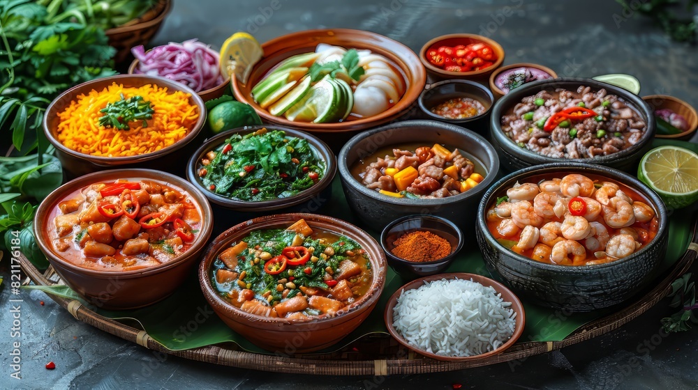 A vibrant spread of various Asian dishes, including curries, stir-fries, rice, and seafood, arranged on a woven platter. A vibrant spread of various Asian dishes, including curries, stir-fries, rice, and seafood, arranged on a woven platter.
