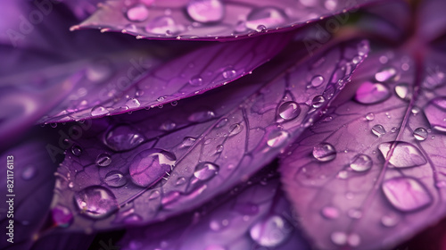 A closeup of purple flower petals with water droplets, macro photography capturing intricate details and textures.