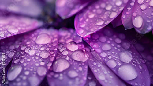 A closeup of purple flower petals with water droplets, macro photography capturing intricate details and textures.