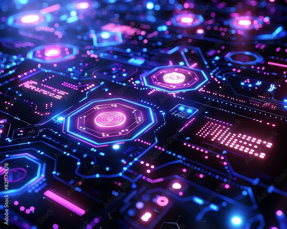 3D rendering of futuristic computer motherboard with glowing neon lights. Electronic background with hexagons and circuit board. 3D rendering of futuristic computer motherboard with glowing neon lights. Electronic background with hexagons and circuit board.