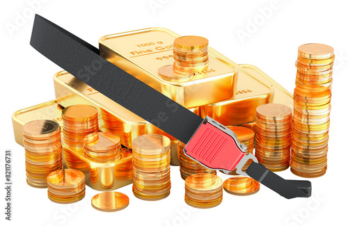 Golden coins and gold ingots with safety belt. 3D rendering isolated on transparent background