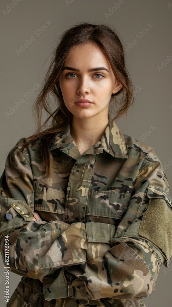 A woman in a camouflage jacket is posing for a photo A woman in a camouflage jacket is posing for a photo