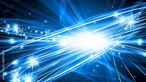 Vibrant blue light rays with sparkling stars background