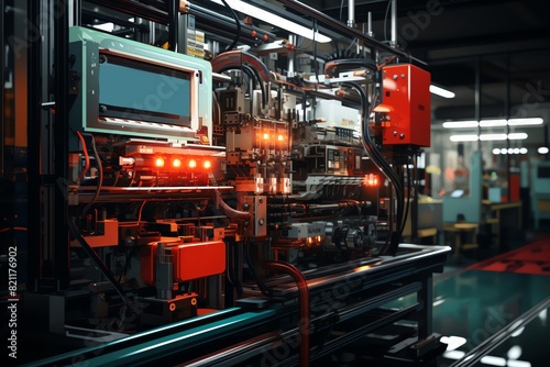 Close-up of IoT sensors on a factory automation line, minimal digital painting, displaying real-time production data in vibrant reds and greens