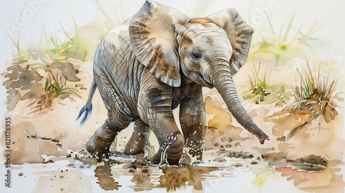 Baby elephant playing in the mud