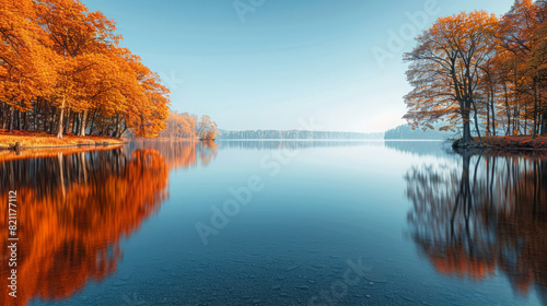 Award Winning National Geographic rule of thirds, photograph of a glassy lake reflecting the crisp autumn sky, minimalist, plain muted blue background, ultra realistic photo, left