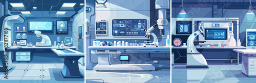 Cryonics laboratory cartoon vector scenes. Microscope monitors cryo chamber flasks high tech equipment, empty interior bright concepts
