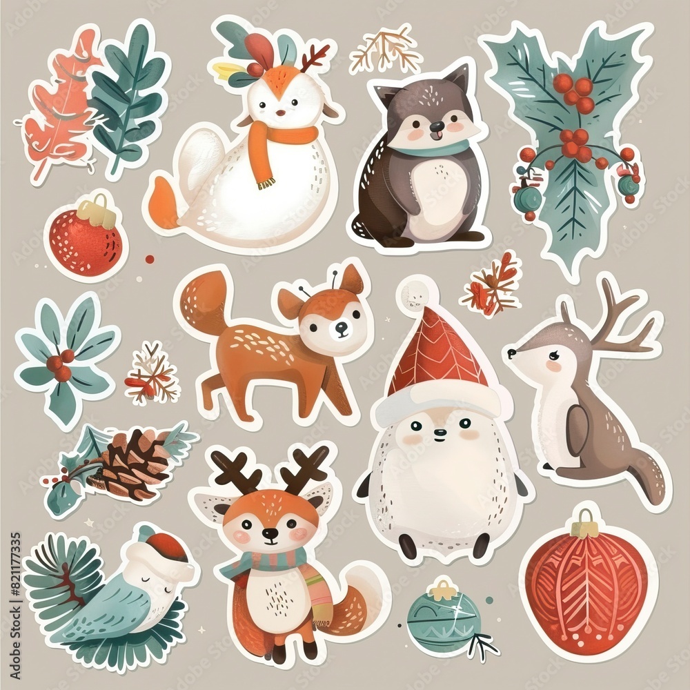 Naklejka premium Christmas winter stickers collection for kids, seasonal design, cute animals and elements for scrapbook