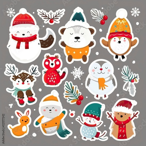 Christmas winter stickers collection for kids  seasonal design  cute animals and elements for scrapbook