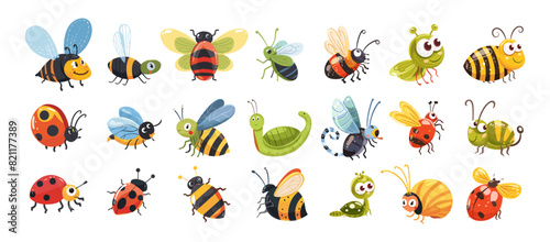 Cute children insects cartoon vector set. Big eyes wings antennae smile ladybug snail grasshopper beetle bumblebee bee bugs, illustrations isolated on white background