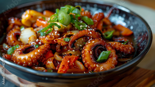 Korean octopus stir-fry with sesame seeds and spring onions, showcasing the authentic flavors of spicy tradition