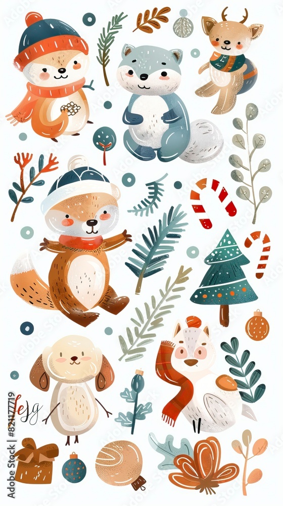 Naklejka premium Christmas winter stickers collection for kids, seasonal design, cute animals and elements for scrapbook