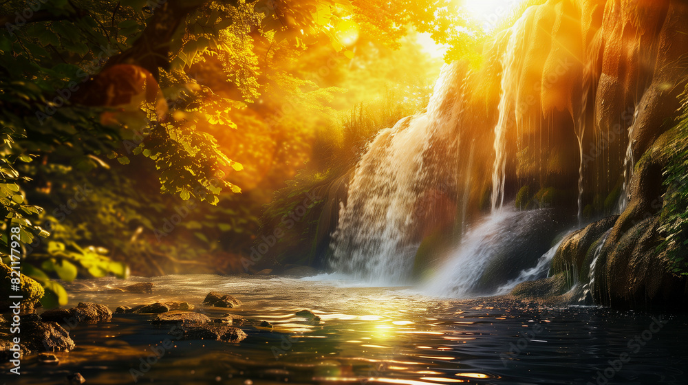 A landscape with a view of a waterfall falling into the river with the sun shining through the trees A landscape with a view of a waterfall falling into the river with the sun shining through the trees
