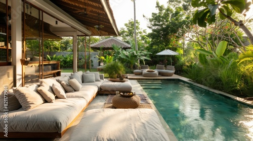 sofa, pillows, pool in a quiet and natural environment generative ai © ThisDesign