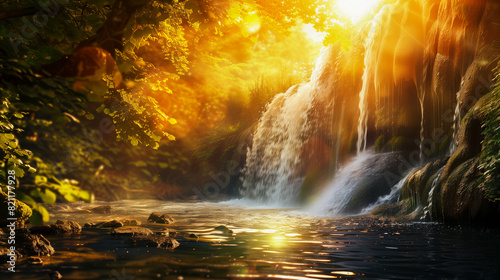 A landscape with a view of a waterfall falling into the river with the sun shining through the trees