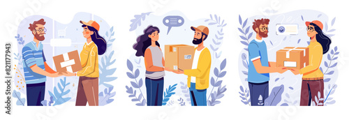 Delivery boxes cartoon vector scenes. Man woman owner courier handing over parcel internet shopping transport logistics service address international trade characters, concepts isolated on white