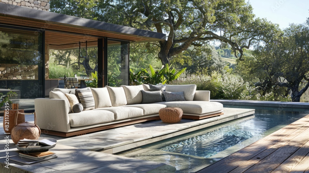 Fototapeta premium sofa, pillows, pool in a quiet and natural environment generative ai