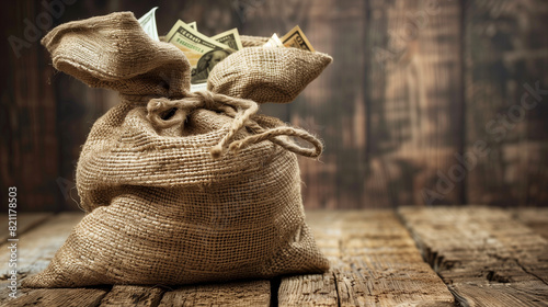 A burlap money bag filled with cash sits on an old wooden table, symbolizing the concept of money management and wealth.