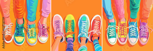 Feet sneakers cartoon vector concepts. Four pairs pants stockings legs shoelaces different designs, fashionable orange background illustrations photo