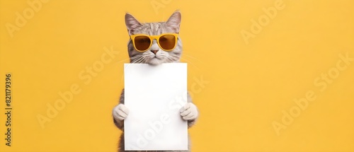 Funny cat with sunglasses holding blank board with space for text, isolated on a yellow background with copy space